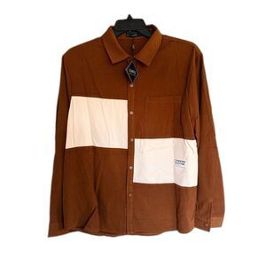 NWT Zaful Men’s Color Block Patchwork Shirt Brown Tan Large Earth Tones